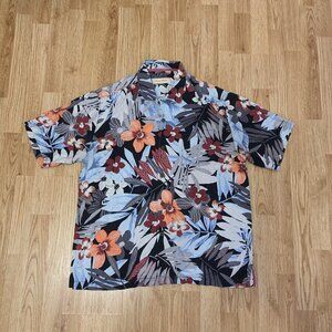 Tommy Bahama Hawaiian Shirt Mens Large Blue Red Orange Floral Print 100% Silk